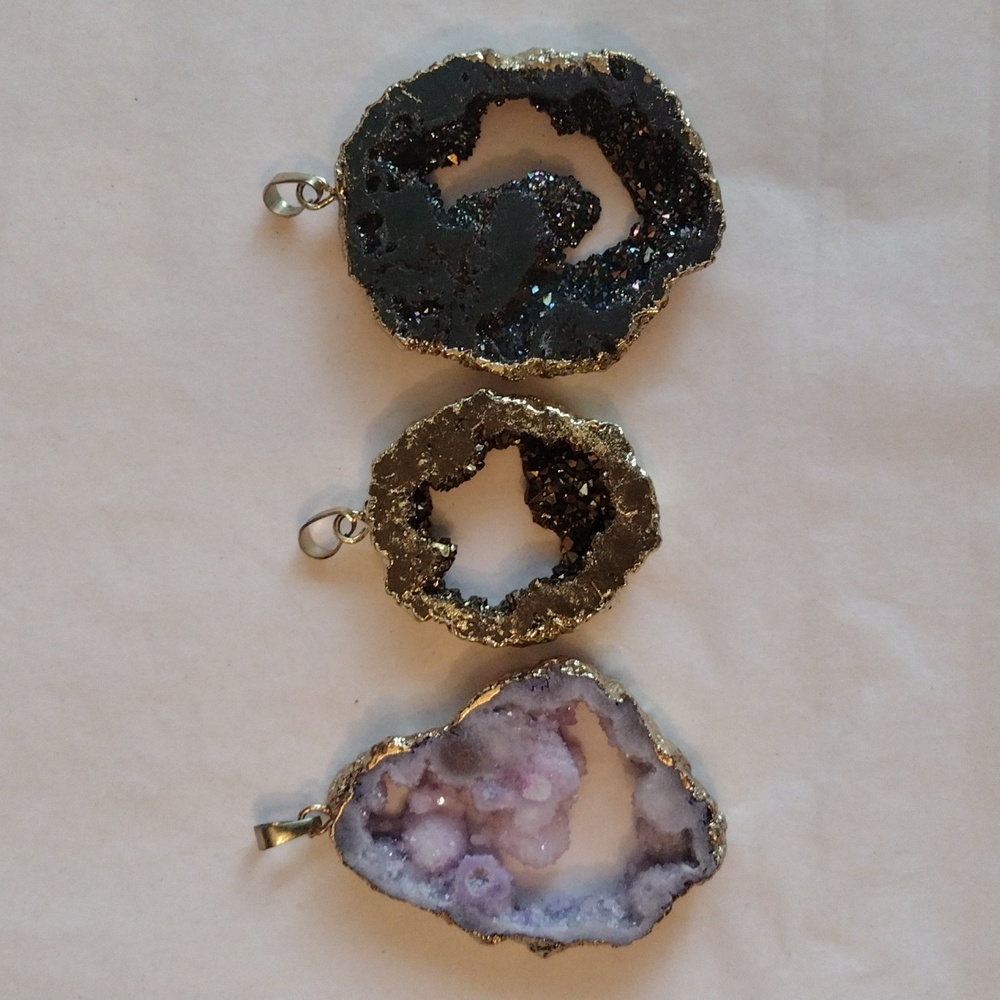 Bundle of 3 Large Druzy Geode Pendants Pale Lavender Purple Pyrite Gold Black